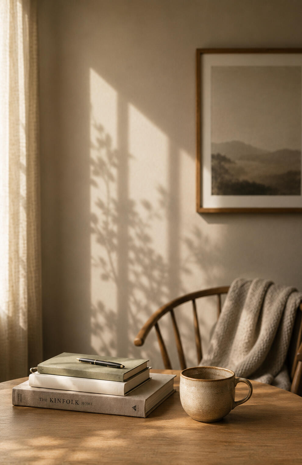 A calm, welcoming space for psychological therapy Warm morning light falls across a quiet consultation space with books, a ceramic mug and natural textures, reflecting a calm and welcoming environment for psychological therapy.